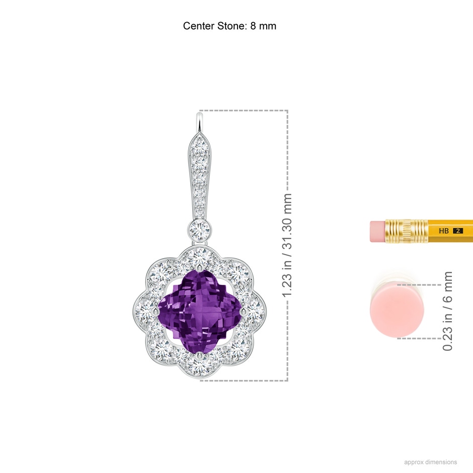 8mm AAAA Clover-Shaped Amethyst Scalloped Halo Drop Earrings in White Gold ruler