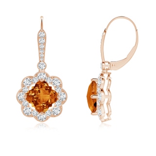 7mm AAAA Clover-Shaped Citrine Scalloped Halo Drop Earrings in 10K Rose Gold