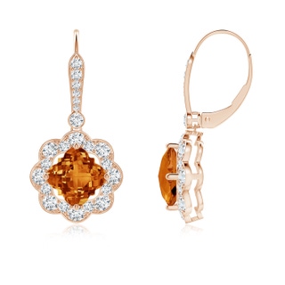 7mm AAAA Clover-Shaped Citrine Scalloped Halo Drop Earrings in Rose Gold