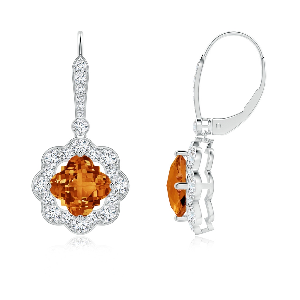 7mm AAAA Clover-Shaped Citrine Scalloped Halo Drop Earrings in White Gold