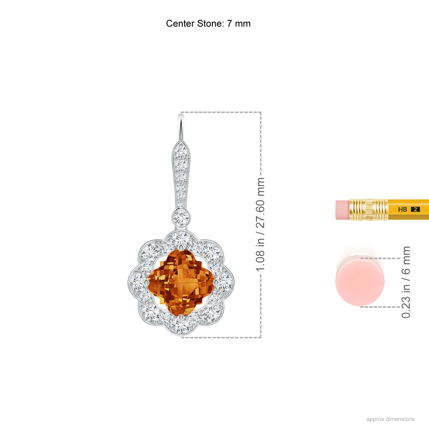 7mm AAAA Clover-Shaped Citrine Scalloped Halo Drop Earrings in White Gold - ruler