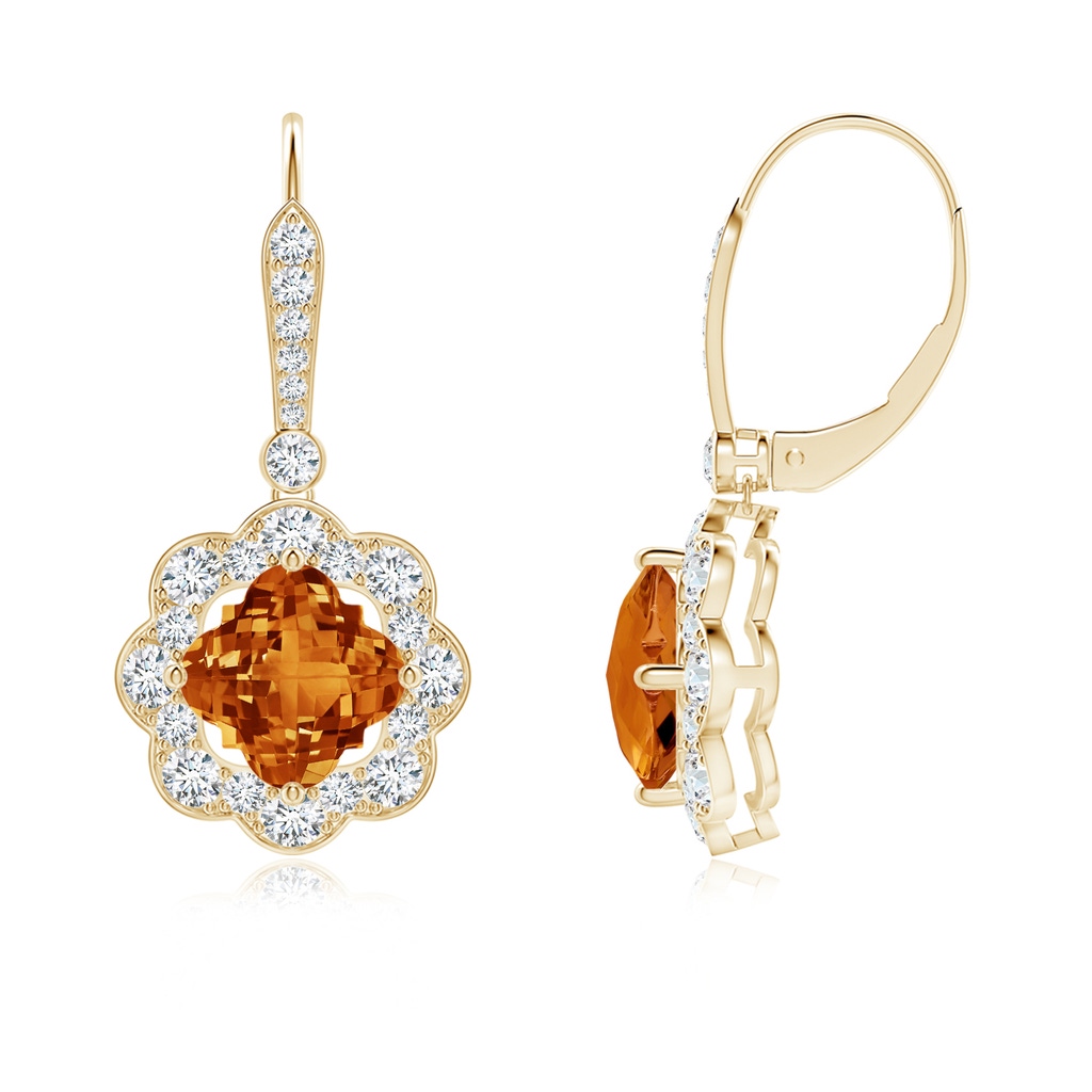 7mm AAAA Clover-Shaped Citrine Scalloped Halo Drop Earrings in Yellow Gold