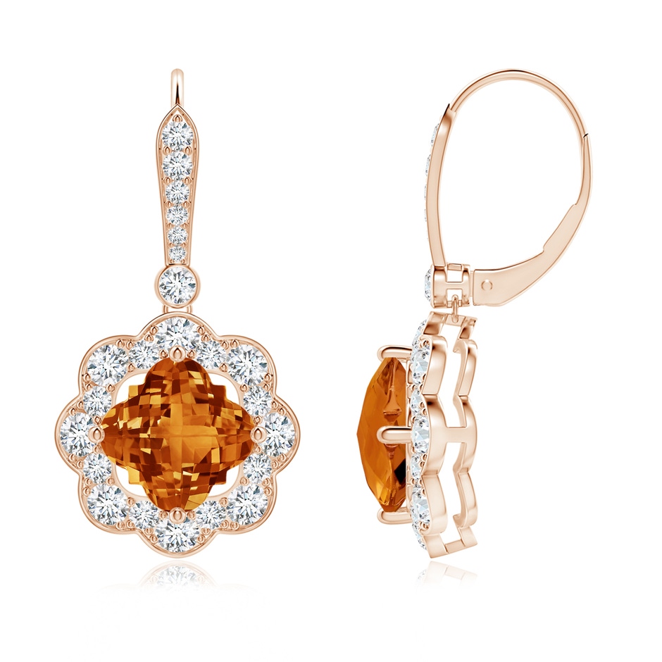 8mm AAAA Clover-Shaped Citrine Scalloped Halo Drop Earrings in 9K Rose Gold 