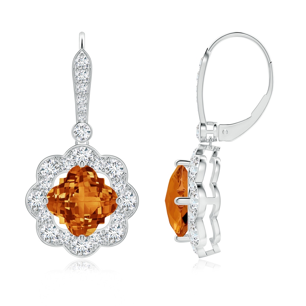 8mm AAAA Clover-Shaped Citrine Scalloped Halo Drop Earrings in White Gold