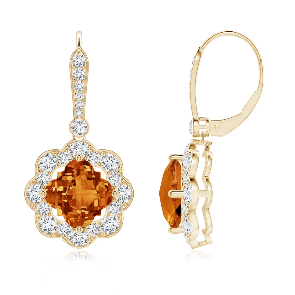 8mm AAAA Clover-Shaped Citrine Scalloped Halo Drop Earrings in Yellow Gold 