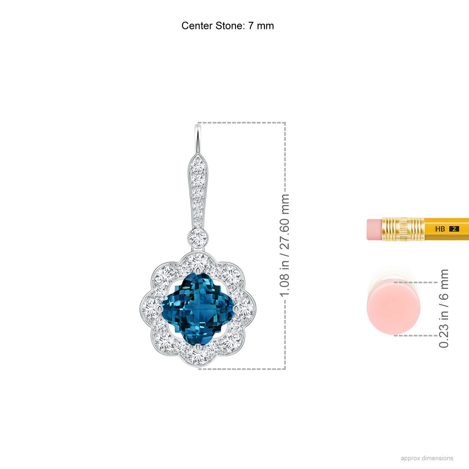 7mm AAAA Clover-Shaped London Blue Topaz Scalloped Halo Drop Earrings in White Gold ruler