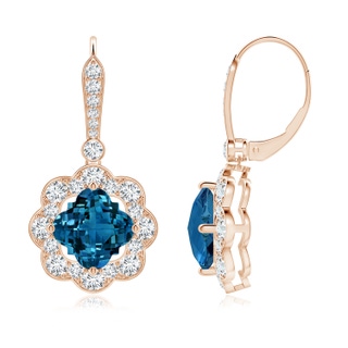 8mm AAAA Clover-Shaped London Blue Topaz Scalloped Halo Drop Earrings in Rose Gold