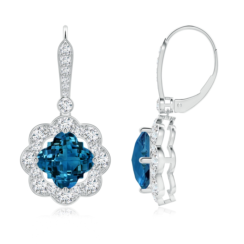 8mm AAAA Clover-Shaped London Blue Topaz Scalloped Halo Drop Earrings in White Gold