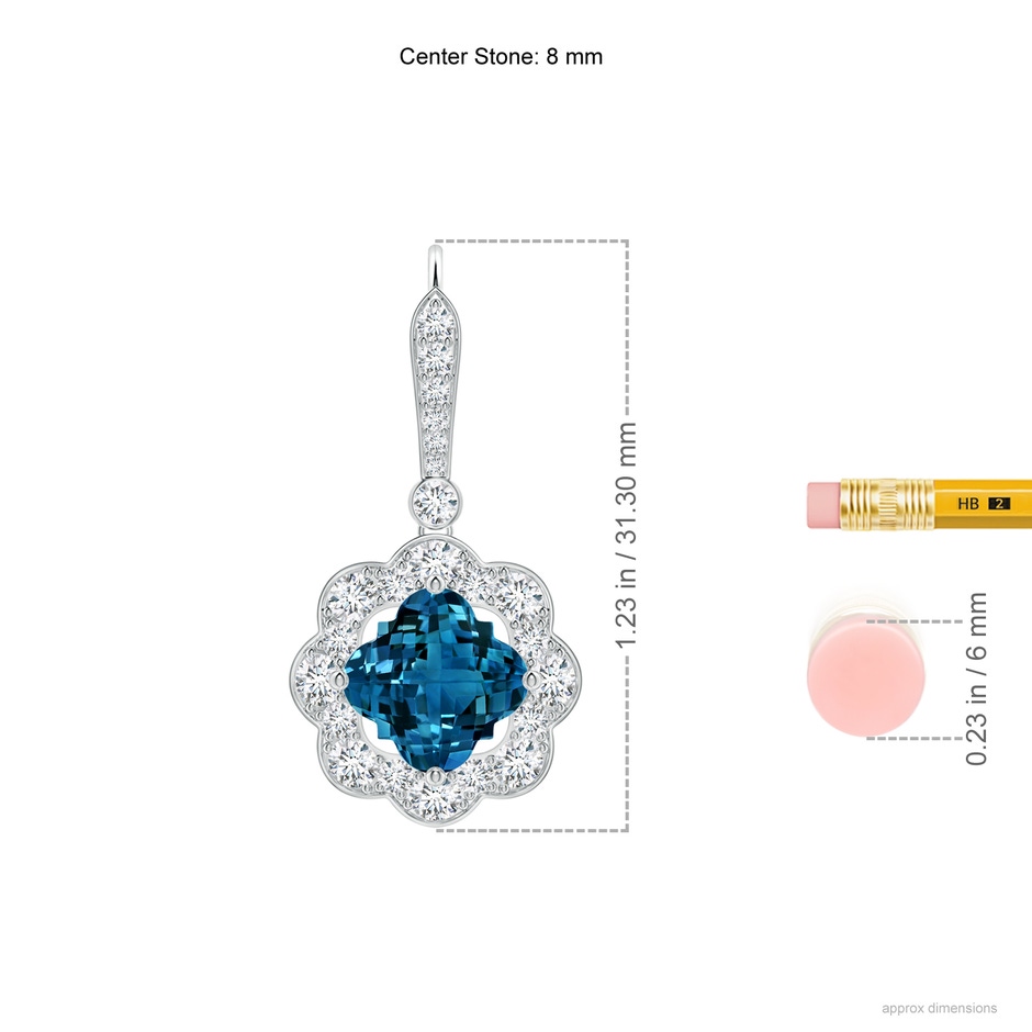 8mm AAAA Clover-Shaped London Blue Topaz Scalloped Halo Drop Earrings in White Gold ruler