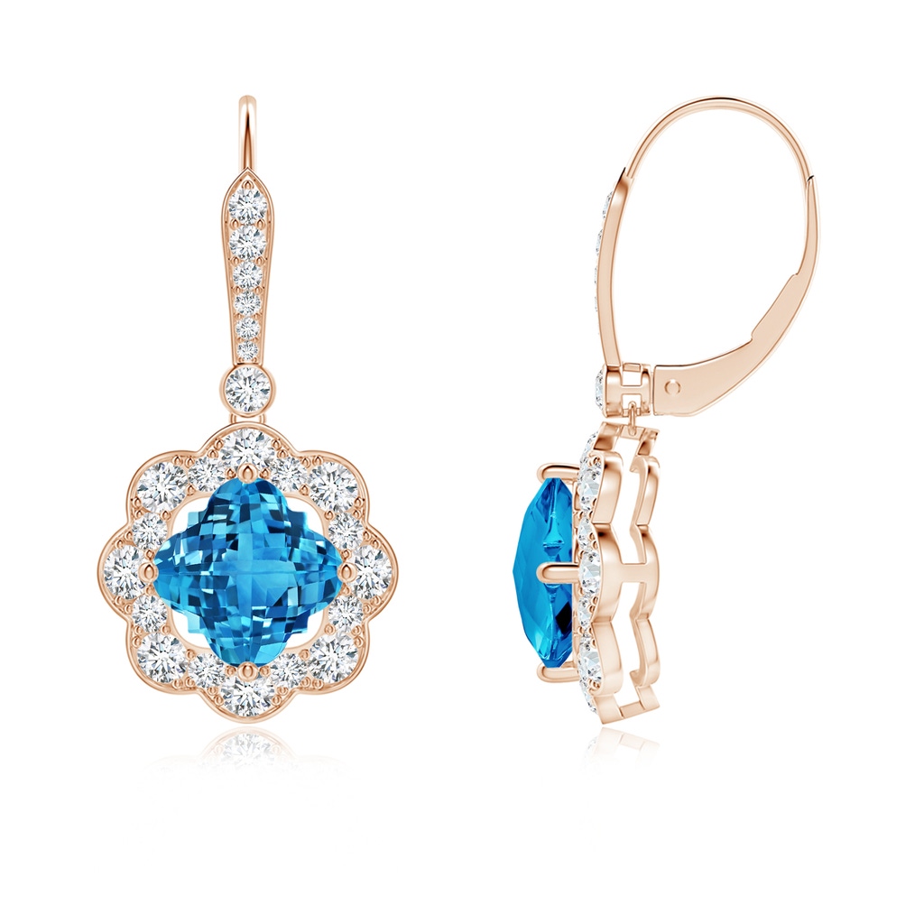 7mm AAAA Clover-Shaped Swiss Blue Topaz Scalloped Halo Drop Earrings in Rose Gold