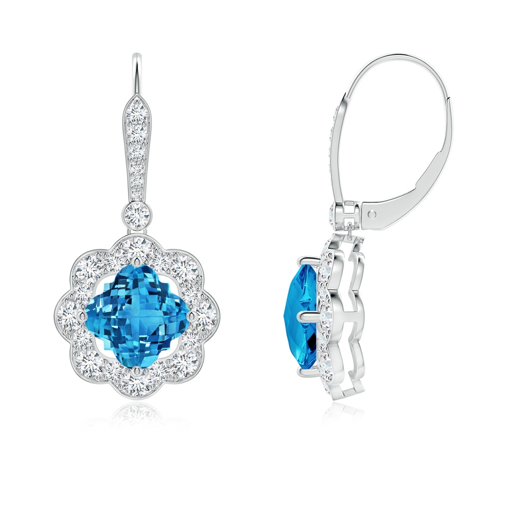 7mm AAAA Clover-Shaped Swiss Blue Topaz Scalloped Halo Drop Earrings in White Gold