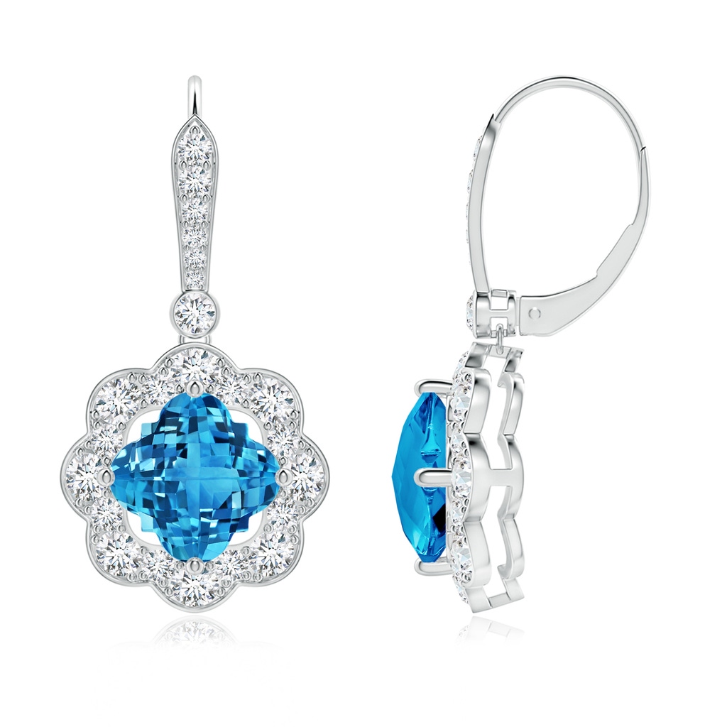 8mm AAAA Clover-Shaped Swiss Blue Topaz Scalloped Halo Drop Earrings in White Gold 