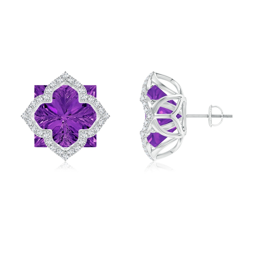 12mm AAAA Square Amethyst and Diamond Clover Backset Studs in White Gold