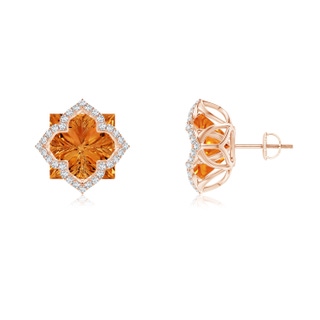 10mm AAAA Square Citrine and Diamond Clover Backset Studs in Rose Gold