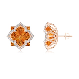 12mm AAAA Square Citrine and Diamond Clover Backset Studs in Rose Gold