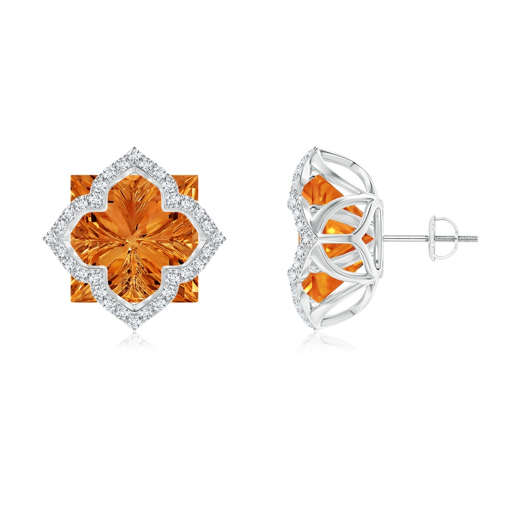 12mm AAAA Square Citrine and Diamond Clover Backset Studs in White Gold