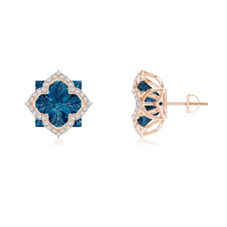 10mm AAAA Square London Blue Topaz and Diamond Clover Backset Studs in Rose Gold