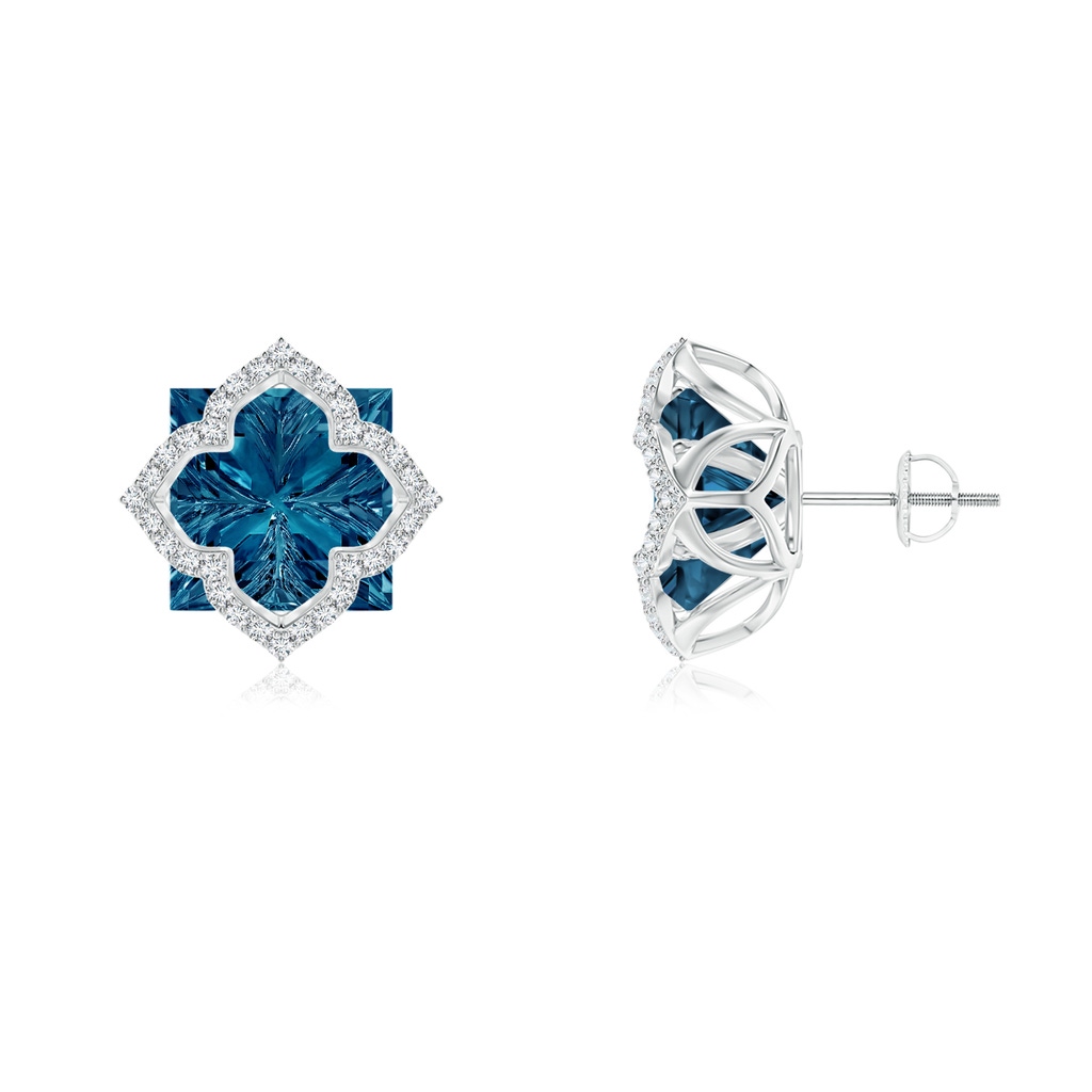 10mm AAAA Square London Blue Topaz and Diamond Clover Backset Studs in White Gold