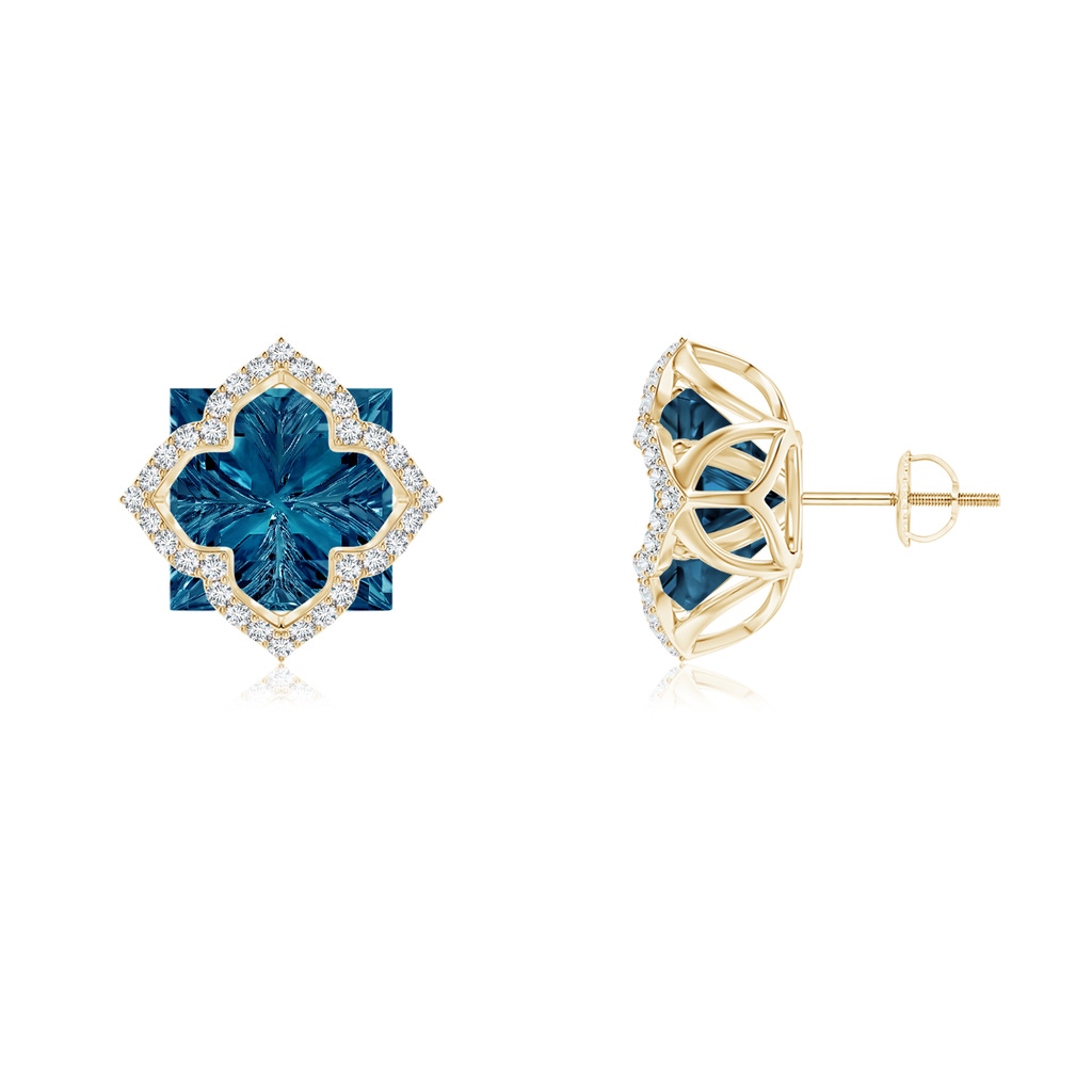10mm AAAA Square London Blue Topaz and Diamond Clover Backset Studs in Yellow Gold