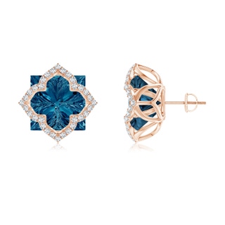 12mm AAAA Square London Blue Topaz and Diamond Clover Backset Studs in 10K Rose Gold