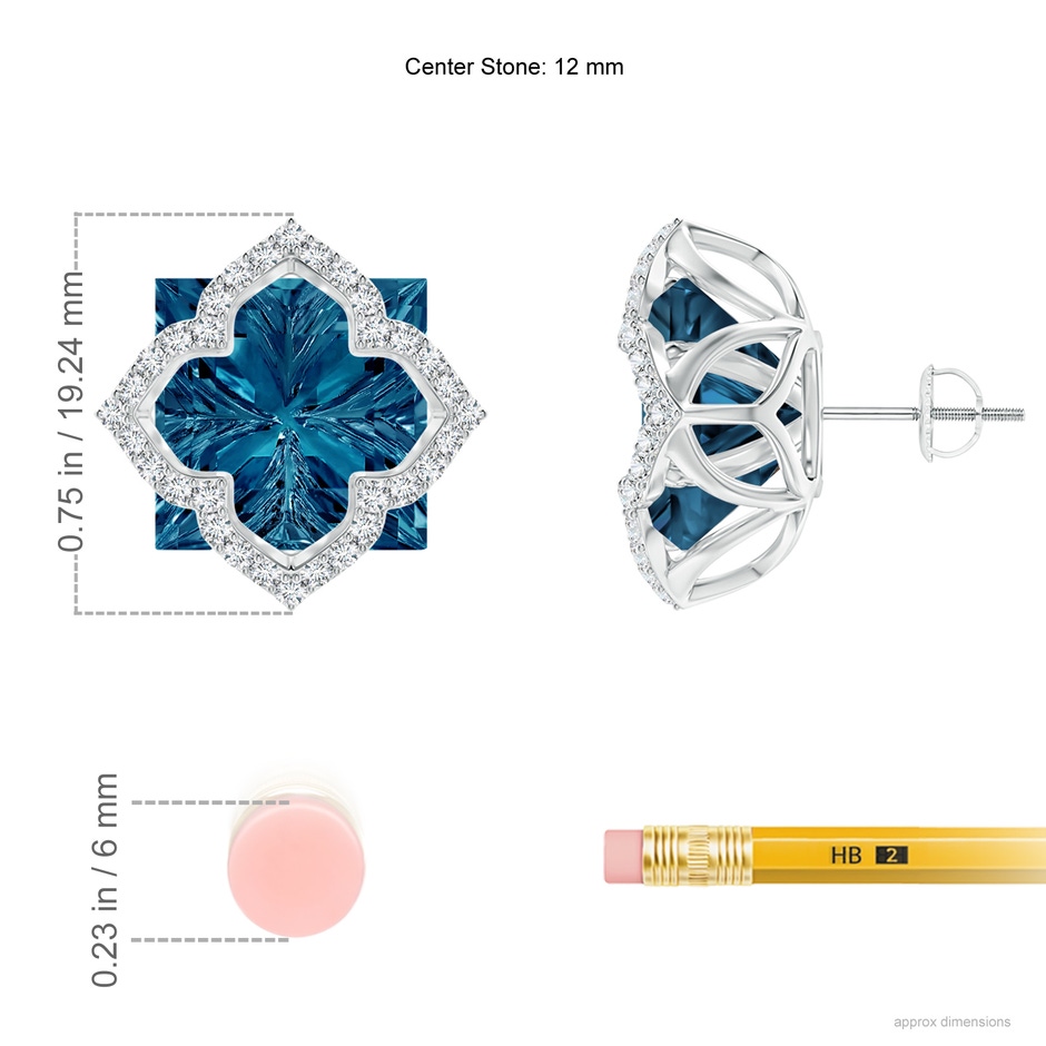 12mm AAAA Square London Blue Topaz and Diamond Clover Backset Studs in White Gold ruler