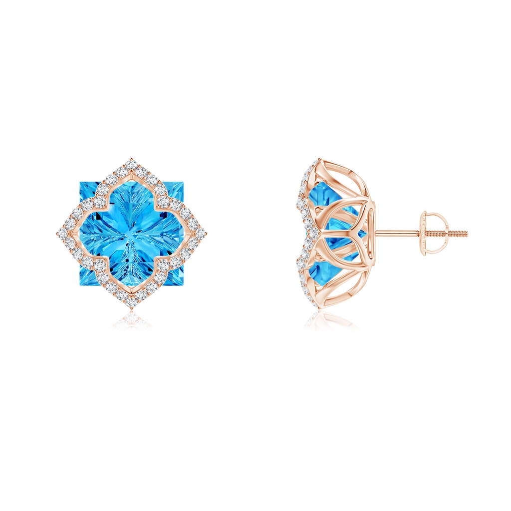 10mm AAAA Square Swiss Blue Topaz and Diamond Clover Backset Studs in Rose Gold