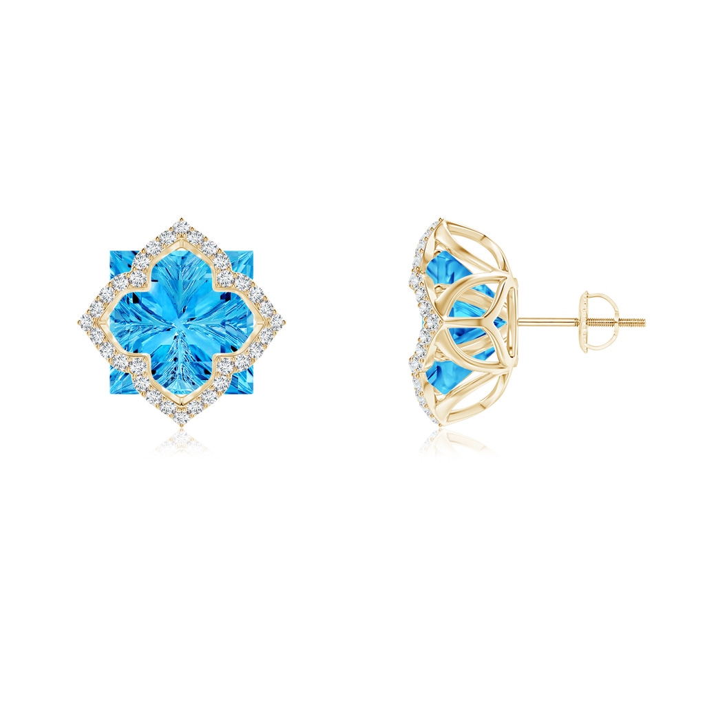 10mm AAAA Square Swiss Blue Topaz and Diamond Clover Backset Studs in Yellow Gold