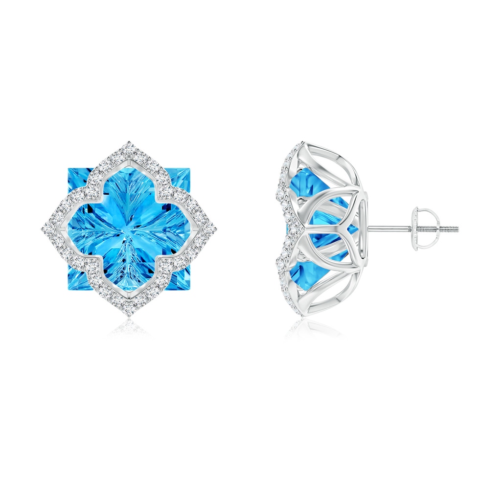 12mm AAAA Square Swiss Blue Topaz and Diamond Clover Backset Studs in White Gold 