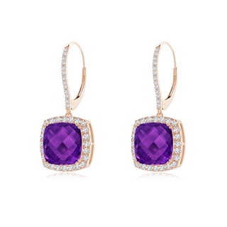 10mm AAAA Cushion Amethyst and Diamond Halo Dangle Earrings in Rose Gold