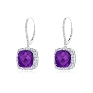 10mm AAAA Cushion Amethyst and Diamond Halo Dangle Earrings in White Gold