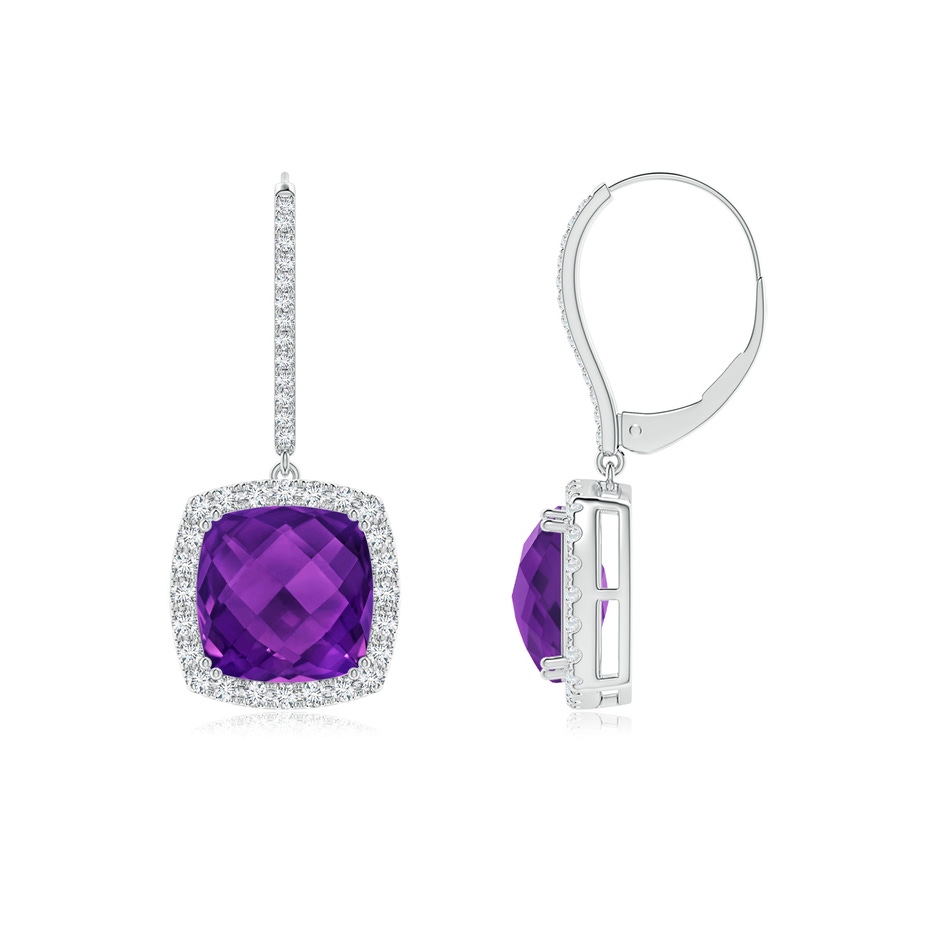 10mm AAAA Cushion Amethyst and Diamond Halo Dangle Earrings in White Gold side-1