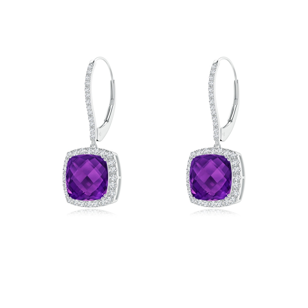 8mm AAAA Cushion Amethyst and Diamond Halo Dangle Earrings in White Gold