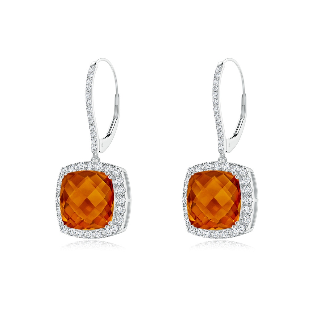 10mm AAAA Cushion Citrine and Diamond Halo Dangle Earrings in White Gold