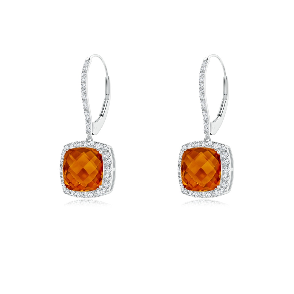 8mm AAAA Cushion Citrine and Diamond Halo Dangle Earrings in White Gold