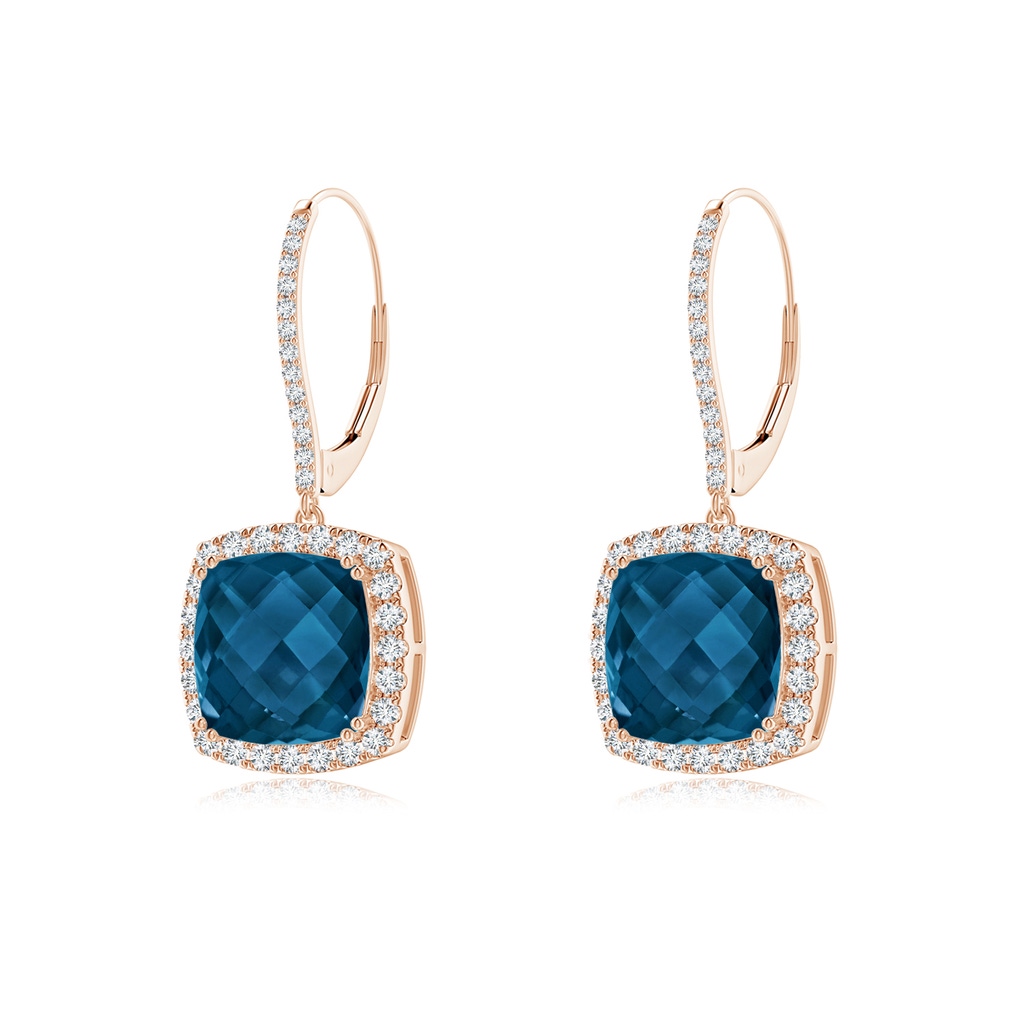 10mm AAAA Cushion London Blue Topaz and Diamond Halo Dangle Earrings in Rose Gold