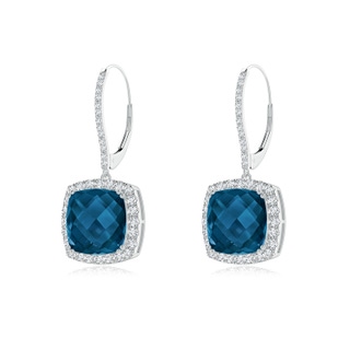 10mm AAAA Cushion London Blue Topaz and Diamond Halo Dangle Earrings in White Gold