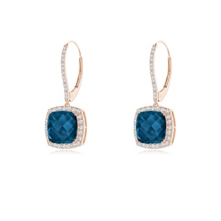 8mm AAAA Cushion London Blue Topaz and Diamond Halo Dangle Earrings in 9K Rose Gold