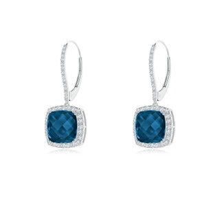 8mm AAAA Cushion London Blue Topaz and Diamond Halo Dangle Earrings in P950 Platinum