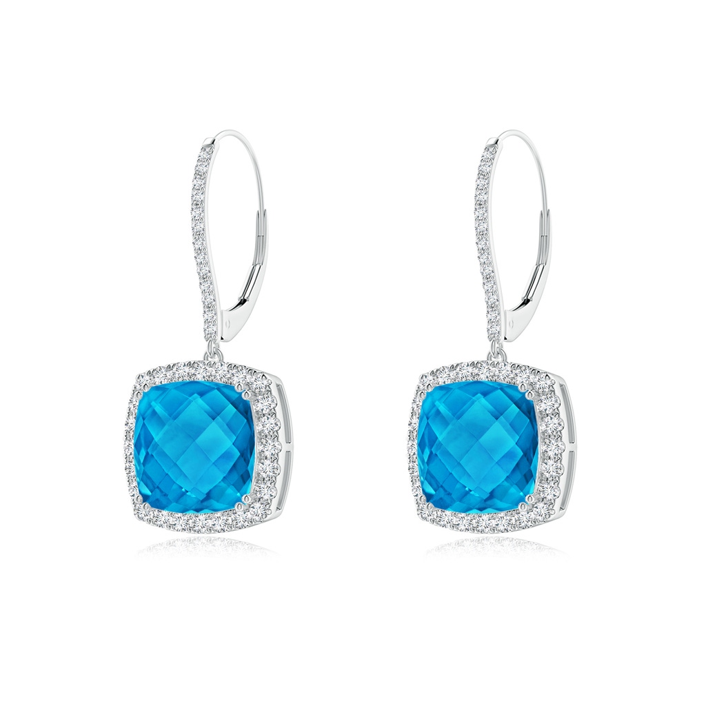 10mm AAAA Cushion Swiss Blue Topaz and Diamond Halo Dangle Earrings in White Gold