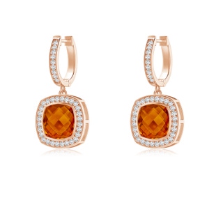 8mm AAAA Bezel-Set Cushion Citrine and Diamond Halo Earrings in 9K Rose Gold