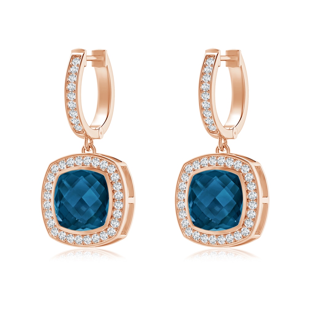 10mm AAAA Bezel-Set Cushion London Blue Topaz and Diamond Halo Earrings in Rose Gold