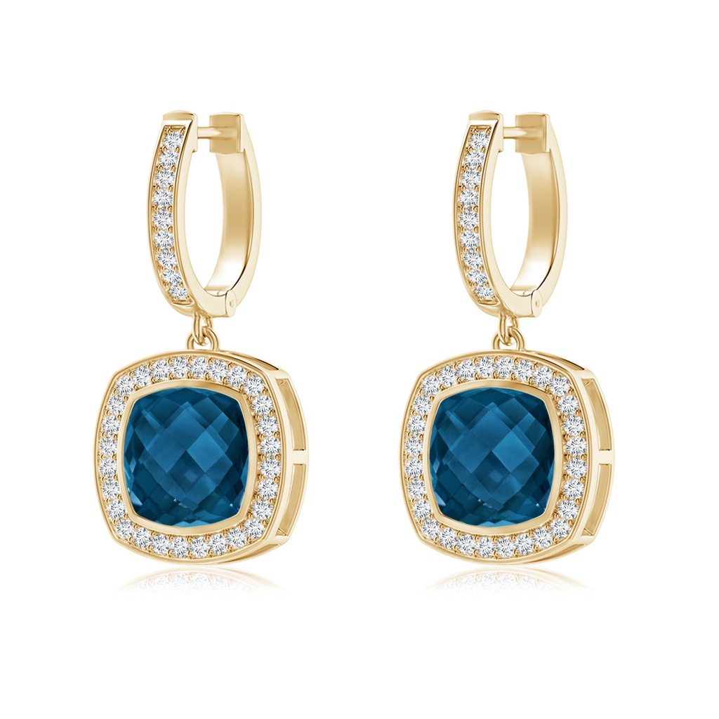 10mm AAAA Bezel-Set Cushion London Blue Topaz and Diamond Halo Earrings in Yellow Gold