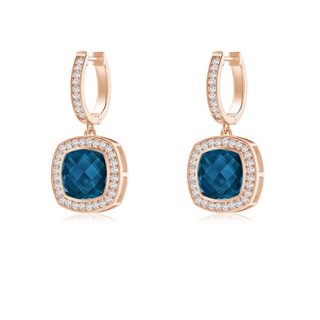 8mm AAAA Bezel-Set Cushion London Blue Topaz and Diamond Halo Earrings in 9K Rose Gold