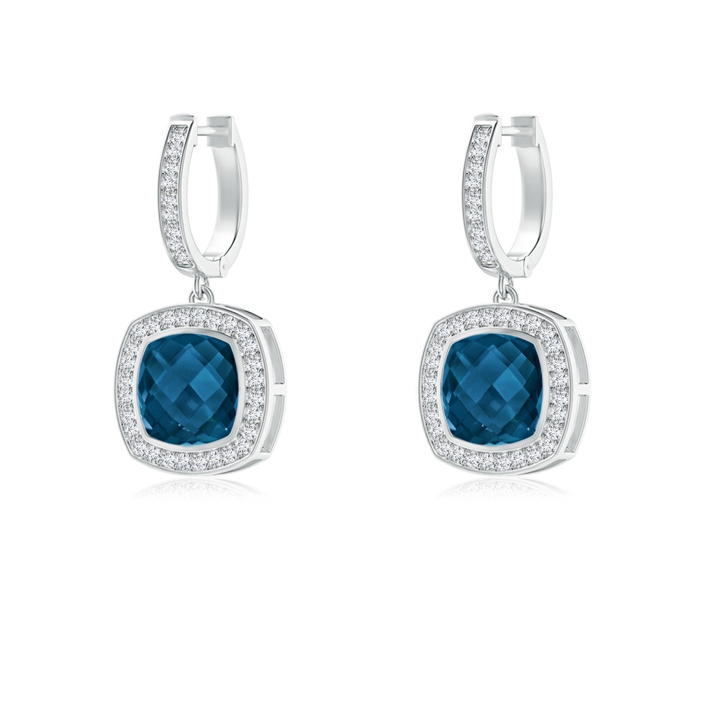 8mm AAAA Bezel-Set Cushion London Blue Topaz and Diamond Halo Earrings in White Gold