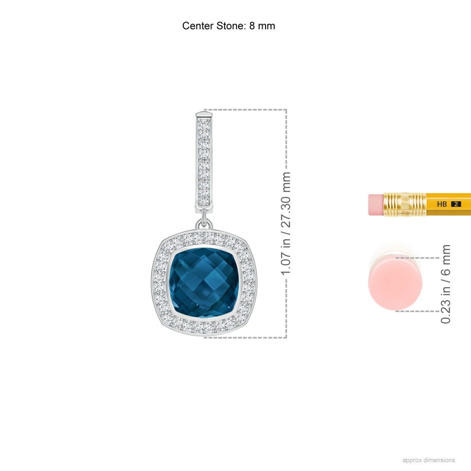 8mm AAAA Bezel-Set Cushion London Blue Topaz and Diamond Halo Earrings in White Gold ruler