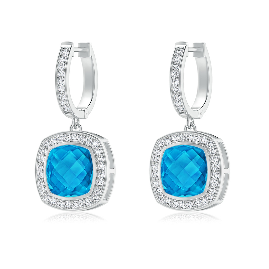 10mm AAAA Bezel-Set Cushion Swiss Blue Topaz and Diamond Halo Earrings in P950 Platinum