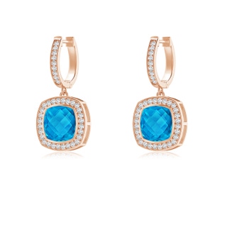 8mm AAAA Bezel-Set Cushion Swiss Blue Topaz and Diamond Halo Earrings in 9K Rose Gold