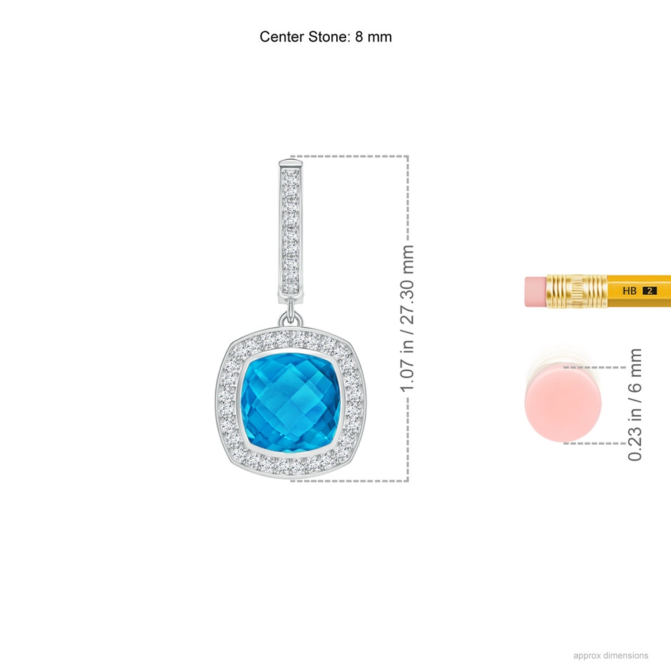 8mm AAAA Bezel-Set Cushion Swiss Blue Topaz and Diamond Halo Earrings in White Gold ruler