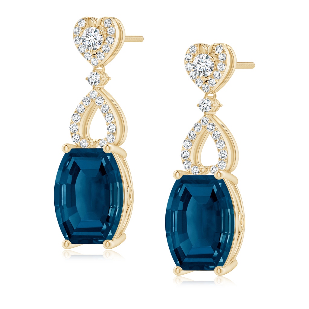 10x8mm AAAA Barrel-Shaped London Blue Topaz Dangle Earrings in Yellow Gold