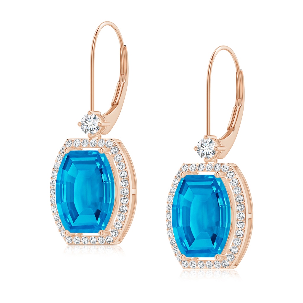 10x8mm AAAA Floating Barrel-Shaped Swiss Blue Topaz Halo Earrings in Rose Gold